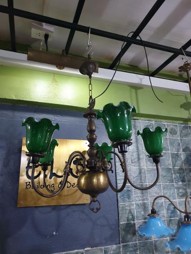 ็Hanging Lamp brass with green shade 5 light Item code DL05R size wide 650 mm.long 900 mm. ็Hanging Lamp brass with green shade 5 light Item code DL05R size wide 650 mm.long 900 mm.